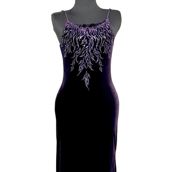 90's Purple Velvet‎ Stretch Gown Size Small Embellished NYE Prom Fairycore Maxi - Picture 1 of 11